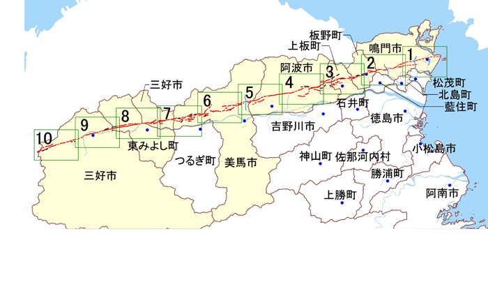 徳島県中央構造線活断層帯（讃岐山脈南縁）活断層図 区割り図