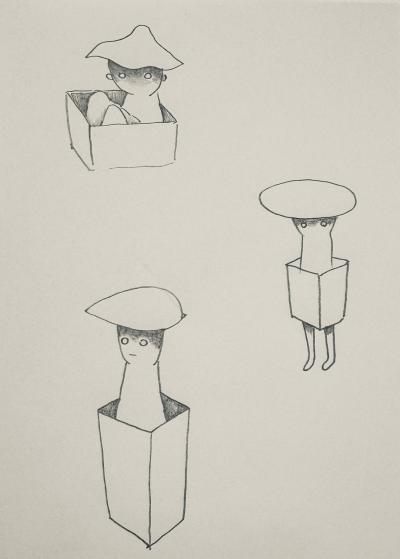 鈴木良治の作品で、人が箱の中に入っている様子（一人は箱の中で座っている、二人は箱の中で立っている）