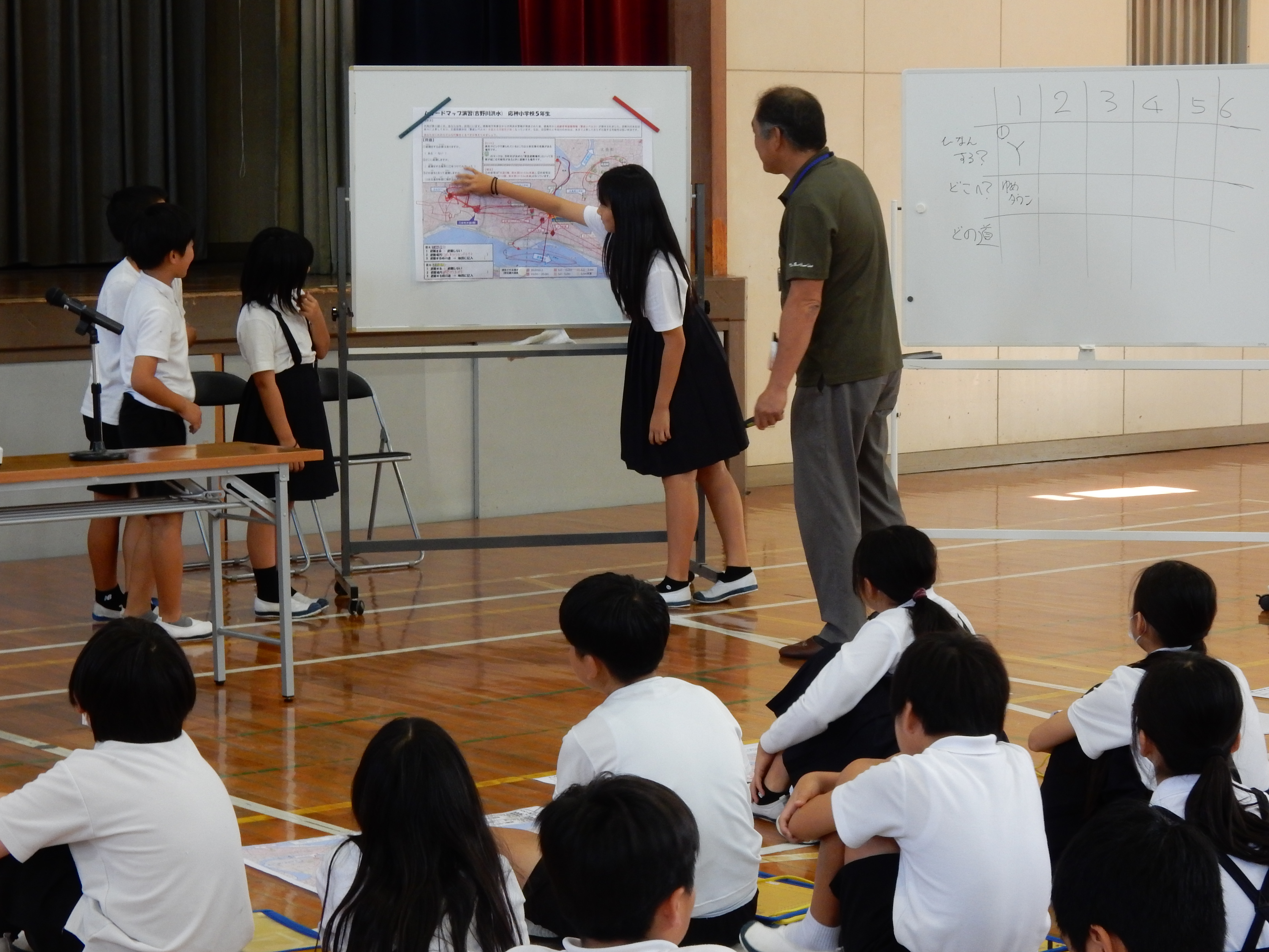 グループで考えた、避難場所や避難経路などの検討結果を発表