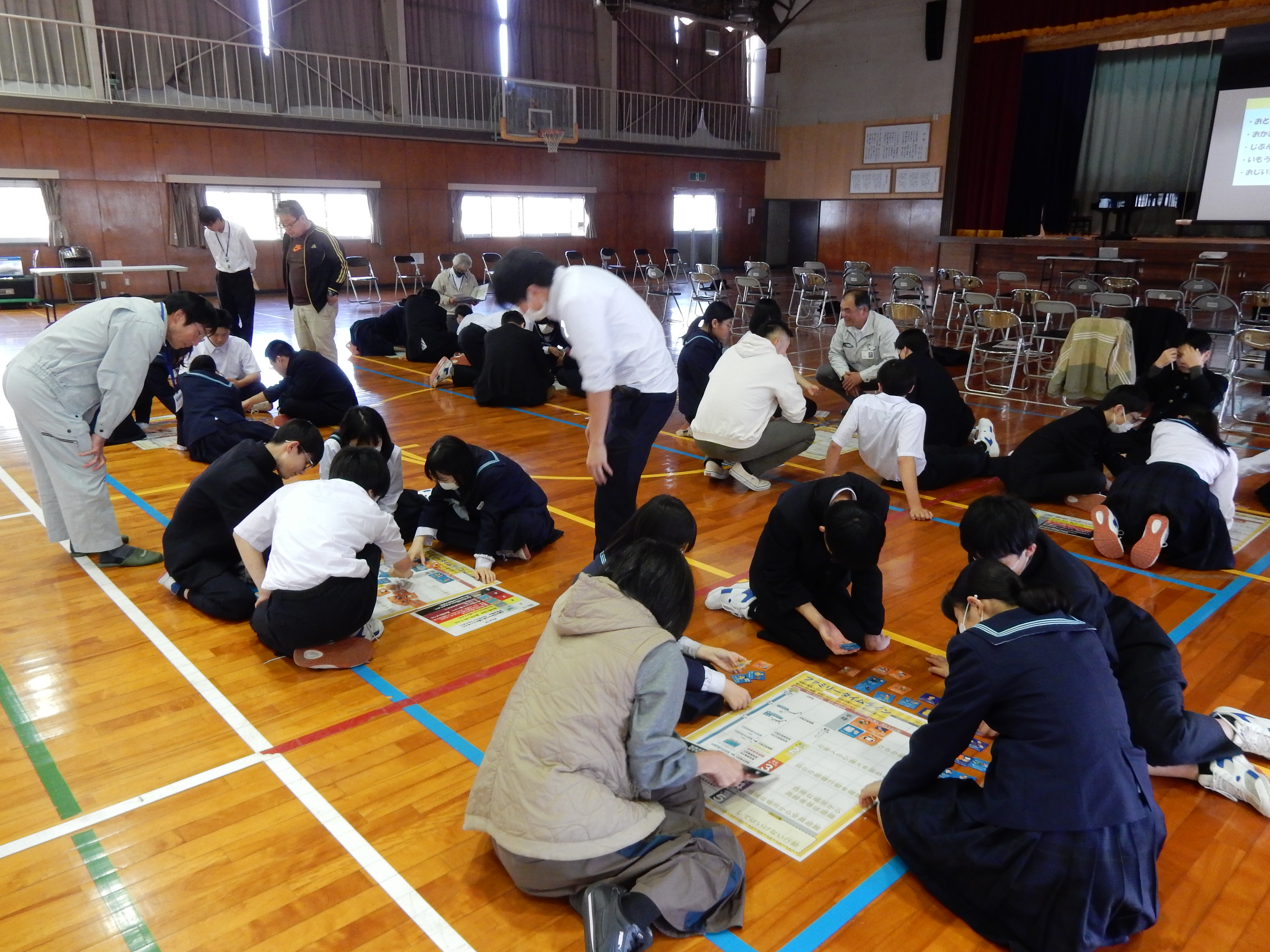 グループで話し合いながら、避難行動などについて検討