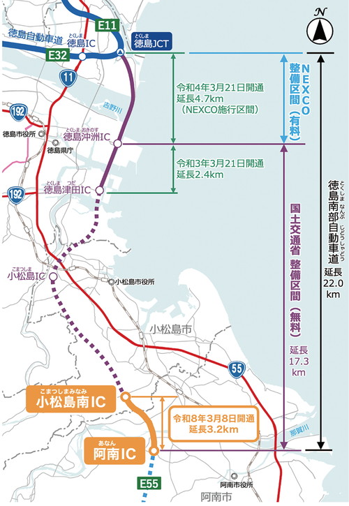 徳島南部自動車道の地図です。
徳島南部自動車道は、延長22.0km、徳島JCT～阿南ICまでの区間です。
徳島JCT～徳島沖洲ICまでの区間は、令和4年3月21日に開通し、延長4.7km。
徳島沖洲IC～徳島津田ICまでの区間は、令和3年3月21日に開通し、延長2.4km。
小松島南IC～阿南ICまでの区間は、令和8年3月8日に開通し、延長3.2km。
また、徳島JCT～徳島沖洲ICまでの区間は、NEXCO整備区間の有料道路です。
徳島沖洲IC～阿南ICまでの区間は、国土交通省整備区間の無料道路です。（延長 17.3km）