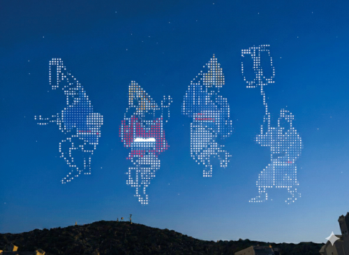 眉山上空をキャンバスにドローンが光のアート（阿波踊りのイラスト）を描いているドローンショーのイメージ画像。