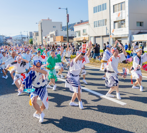 道路で阿波おどり（流しおどり）をしているイメージ画像
様々な連の踊り手が長い列になって踊っている