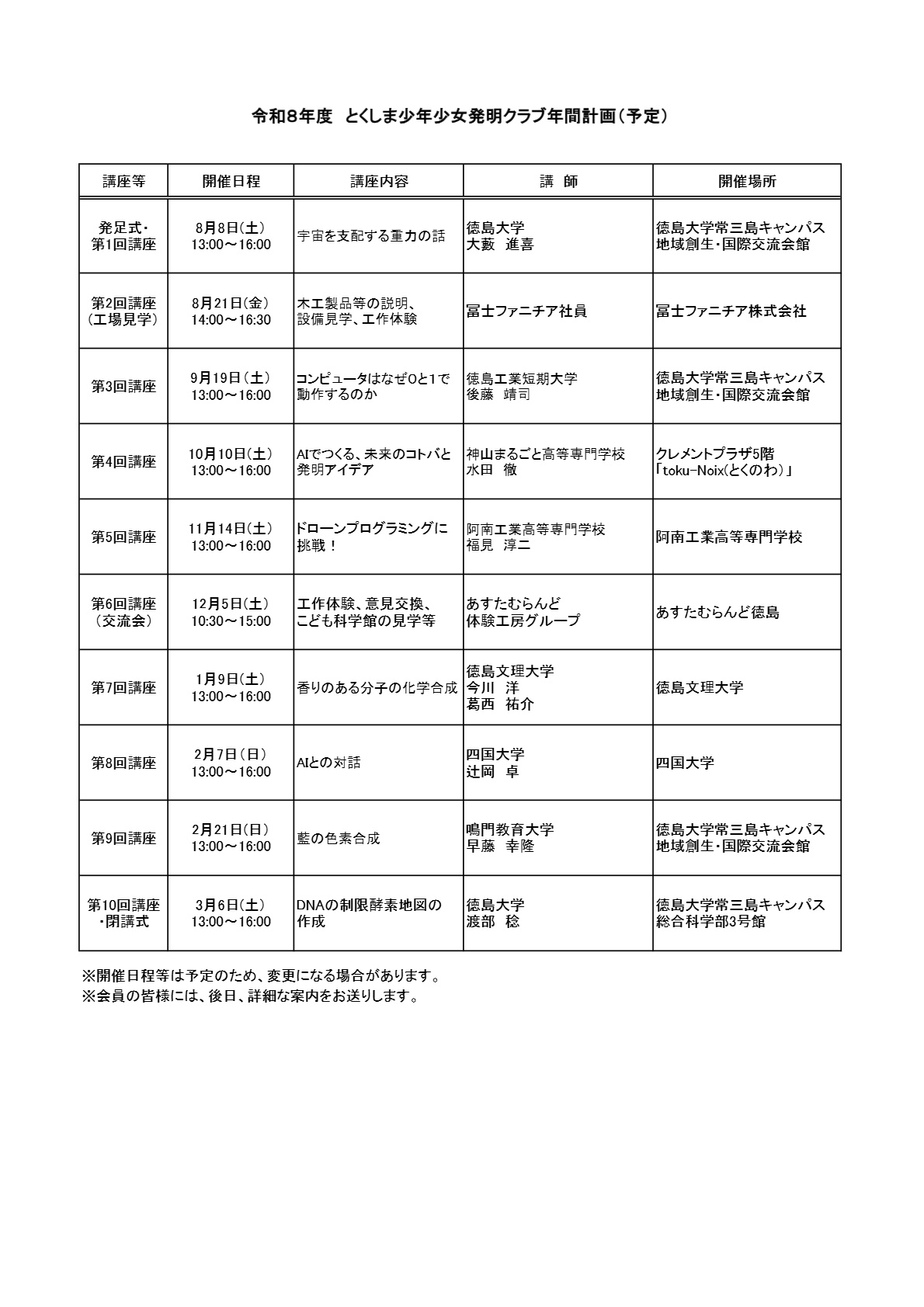 令和8年度 とくしま少年少女発明クラブ年間計画（予定）