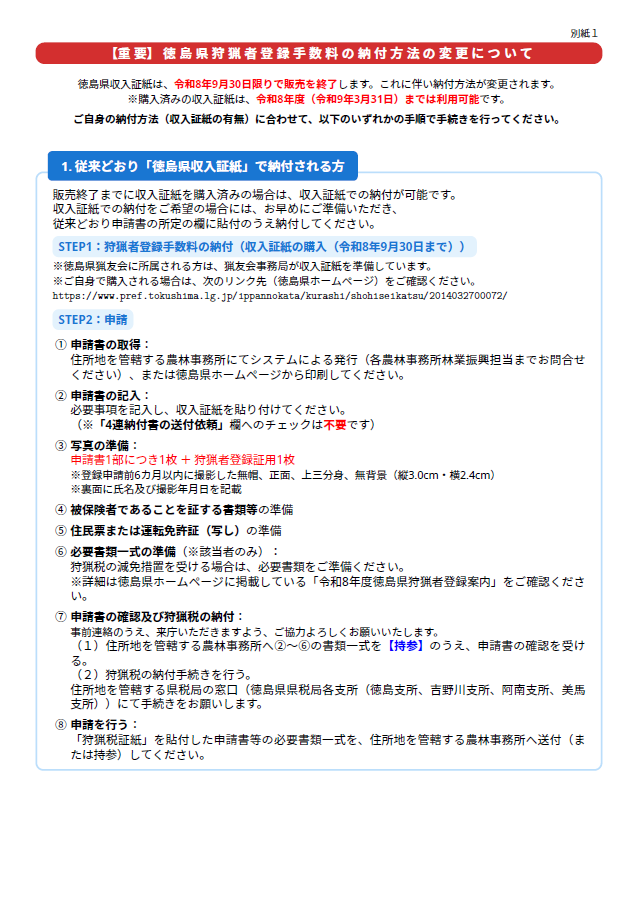 狩猟者登録手数料チラシ（収入証紙の場合）