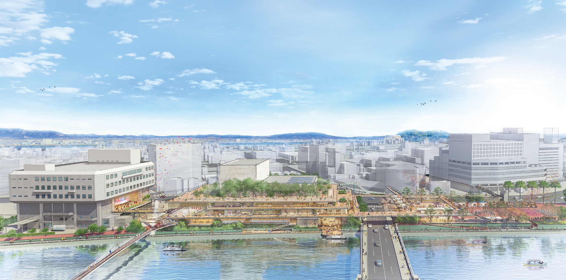 藍場浜公園西エリア・新ホールのイメージ図
イメージ図の提供：（株）石本建築事務所 大阪オフィス
※本案は事業者の提案に基づくものであり、詳細な内容は今後の設計の中で具体化してまいります。