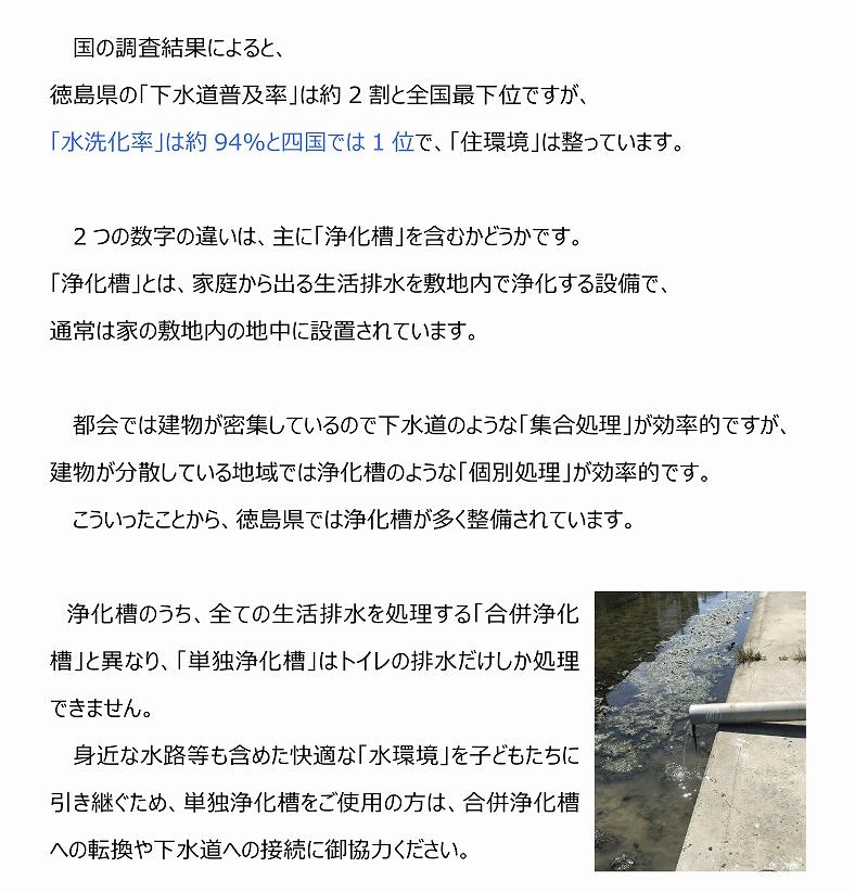 国の調査結果によると、
徳島県の「下水道普及率」は約2割と全国最下位ですが、
「水洗化率」は約94%と四国では1位で、「住環境」は整っています。

2つの数字の違いは、主に「浄化槽」を含むかどうかです。
「浄化槽」とは、家庭から出る生活排水を敷地内で浄化する設備で、
通常は家の敷地内の地中に設置されています。

都会では建物が密集しているので下水道のような「集合処理」が効率的ですが、建物が分散している地域では浄化槽のような「個別処理」が効率的です。
こういったことから、徳島県では浄化槽が多く整備されています。

浄化槽のうち、全ての生活排水を処理する「合併浄化槽」と異なり、「単独浄化槽」はトイレの排水だけしか処理できません。
身近な水路等も含めた快適な「水環境」を子どもたちに引き継ぐため、単独浄化槽をご使用の方は、合併浄化槽への転換や下水道への接続に御協力ください。(別ウィンドウで開く)