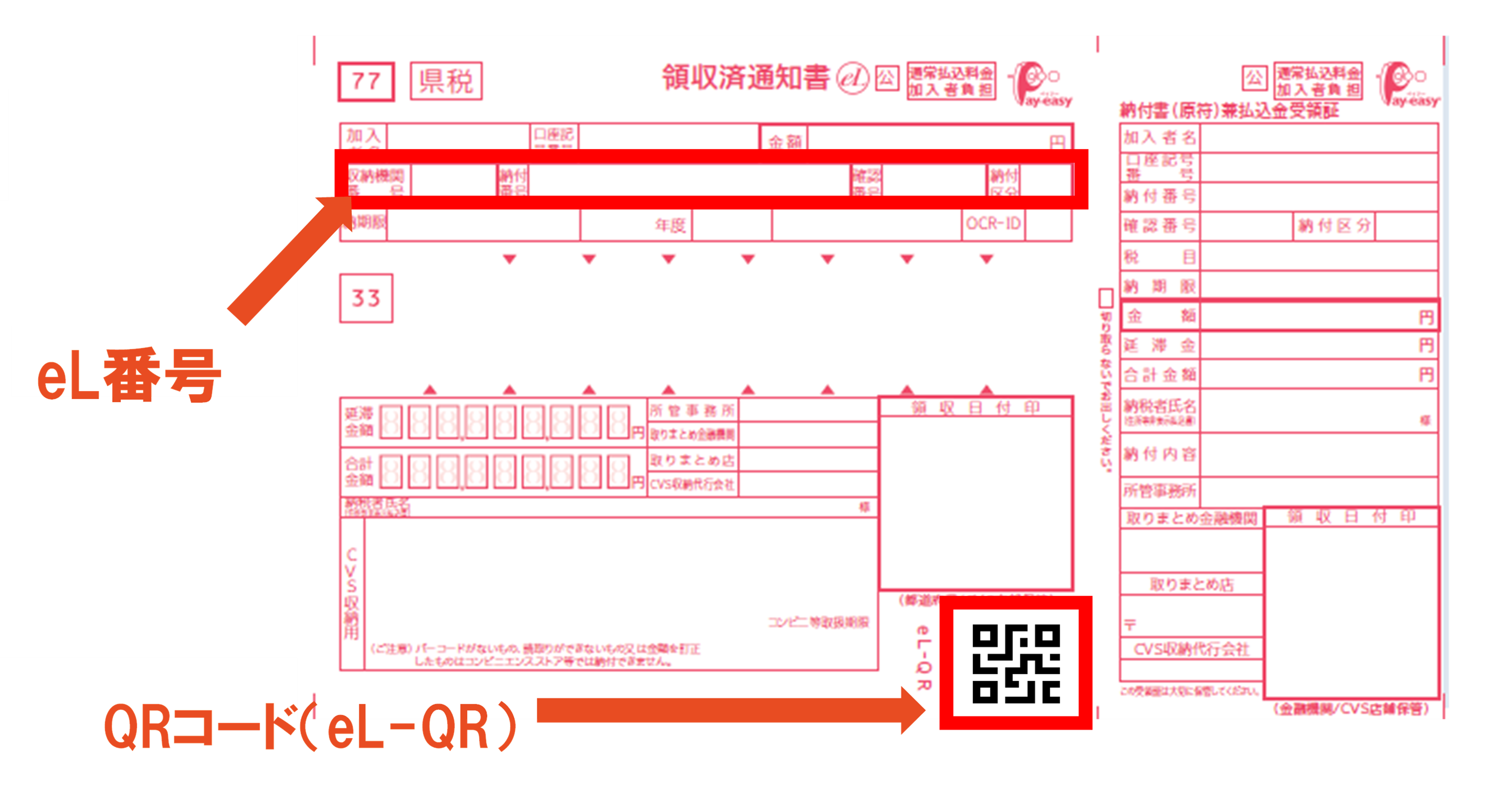 領収済通知書。上部に記載されている「収納機関番号、納付番号、確認番号、納付区分」をハイフンで繋いだ物がeL番号になります。QRコード（eL-QR）は中央下部に記載されています。