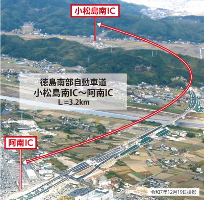 徳島南部自動車道 小松島南IC～阿南IC L＝3.2km
阿南IC（手前）から小松島南IC（奥）までを上空から撮影した画像
令和7年12月19日撮影