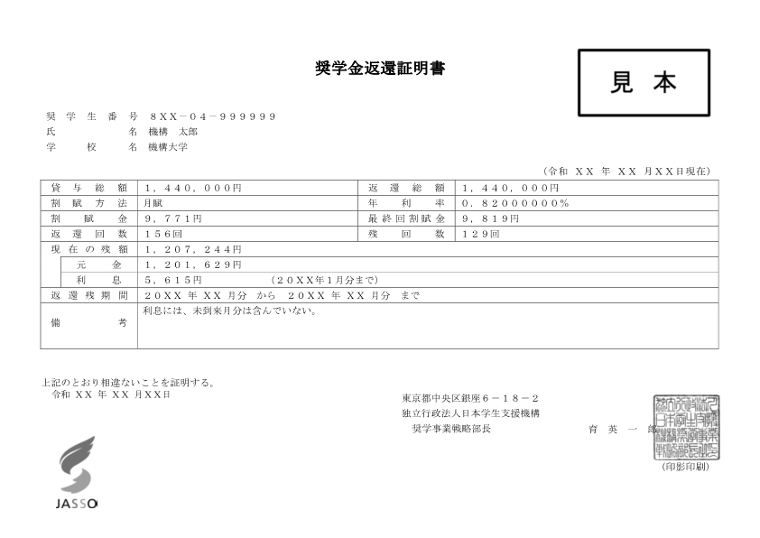 奨学金返還証明書サンプル